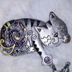 Silver Cat Brooch with Charms